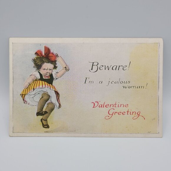 Antique Valentine Postcard Jealous Woman Design Series 238 Romantic Funny - Picture 1 of 6